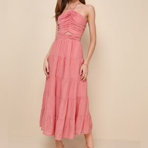 Effortless Sweetness Rusty Rose Ruched Lace-Up Tiered Midi Dress